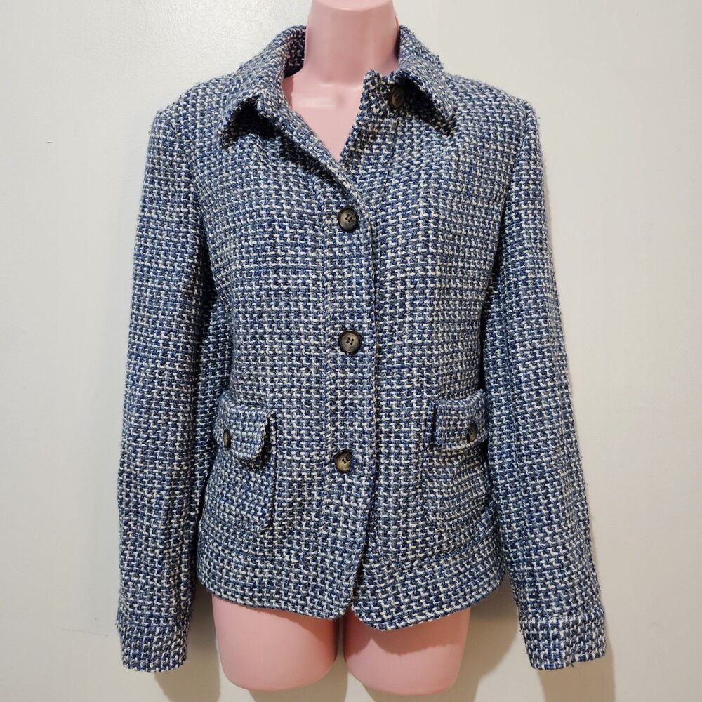 Talbots - Blazer Collared Tweed Knit- Size 12 - Blue  - Wool Blend